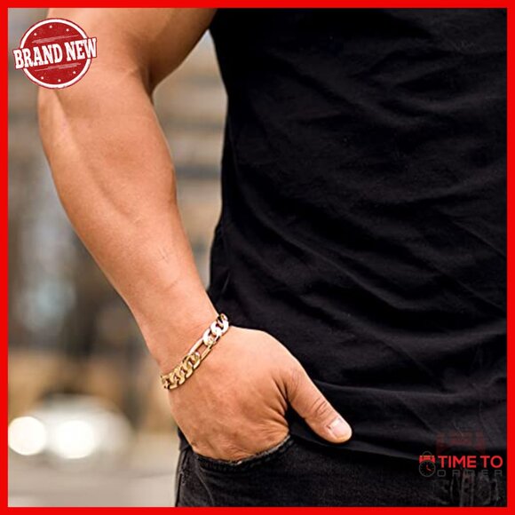 11mm Figaro Chain Bracelet 24k Gold Plated Unisex Sizes 8-10 Inch - Picture 2 of 7